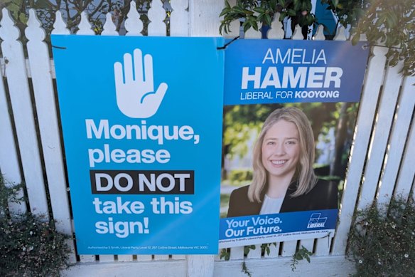 Liberal candidate for Kooyong Amelia Hamer has hit back after teal MP Monique Ryan’s husband removed one of her signs.