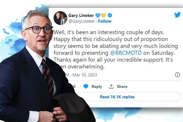 Soccer panelist Gary Lineker’s tweet sparked a firestorm.