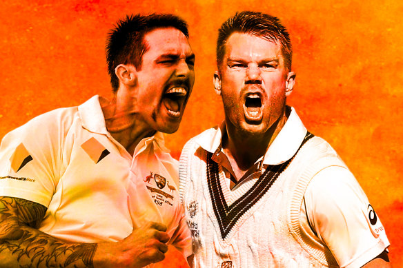 Feuding former teammates Mitchell Johnson and David Warner.