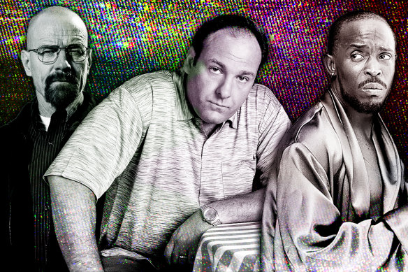 The golden age of television may be coming to an end. Pictured are Walter White in Breaking Bad, Tony Soprano in The Sopranos and Omar Little in The Wire.