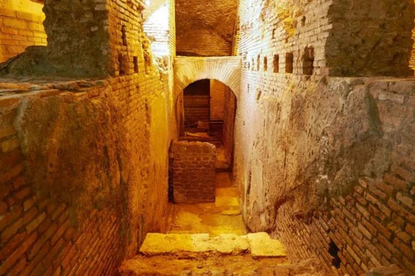 Ancient aqueduct, Aqua Virgo, supplies water to the Trevi Fountain above.