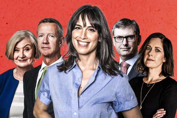 The Morning Edition host Samantha Selinger-Morris (centre) with Kate McClymont, Peter Hartcher, David Crowe and Jacqueline Maley.