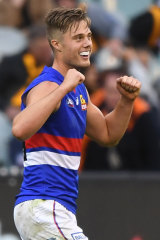 Josh Schache celebrates during the round two win over Hawthorn.
