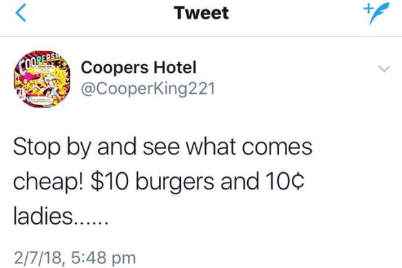 It's not the first time questionable content has been posted to the Coopers Hotel social media accounts.
