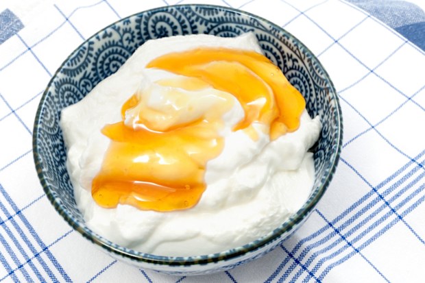 Greek yoghurt with honey on a blue and white tablecloth