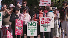 Protesters at Victoria Park opposed to the construction of a new Olympic stadium.