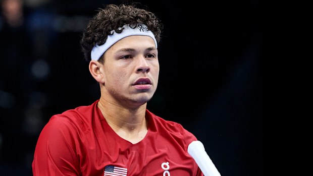Ben Shelton reacts after losing to Jiri Lehecka.