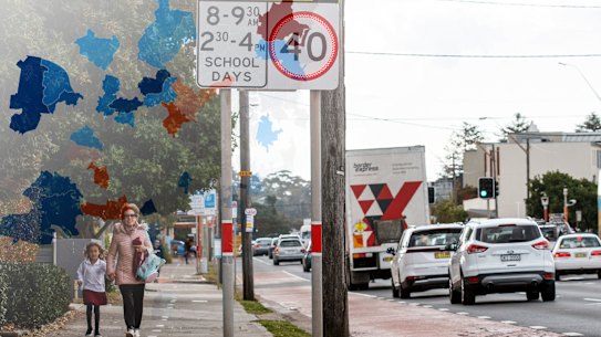 School zones on Pittwater Road in Narrabeen on Friday, July 2, 2023. Speed cameras in Narrabeen school zones issue the highest number of fines in the state. Photo: Nikki Short / The Sydney Morning Herald .composite with map