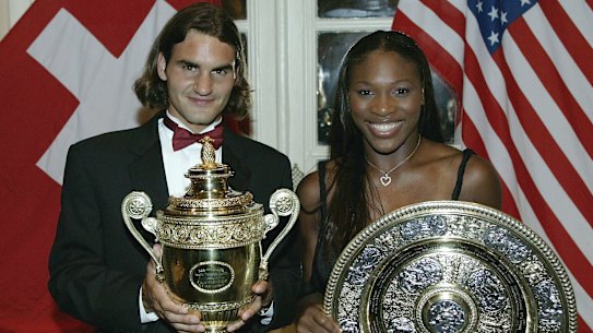 Roger Federer and Serena Williams with their Wimbledon trophies in 2003. It was the first of three times they have won in the same year.