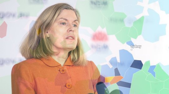  NSW Chief Health Officer Dr Kerry Chant give a COVID-19 update, St Lenonards, Sydney. 03 October 2021. Photo: Jessica Hromas - composite with map of vaccination rates