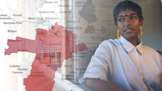 Composite - Teacher, Priyanka Bromhead, in Blacktown,during Sydney’s lockdown due to the spread of the Delta variant of Covid-19. 13th August 2021 Photo: Janie Barrett with map of Sydney