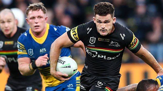 Nathan Cleary takes on the Eels defence.