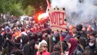 Protesters demonstrate against the far-right and racism in central Paris.
