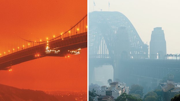 Sydney Harbour Bridge, shrouded by bushfire smoke last November. California’s wildfires sent San Francisco’s Golden Gate Bridge into daytime darkness on September 9.