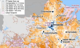 Latest Queensland Government planning data showing using a private car can be 45 minutes faster than public transport in the Kenmore/Moggill and Bellbowrie. Brown dots indicate cares are 30 to 45 minutes faster than public transsport. 