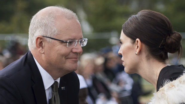 Prime Minister Scott Morrison with New Zealand PM Jacinda Ardern during the national remembrance service for the victims of the March 15 attack.