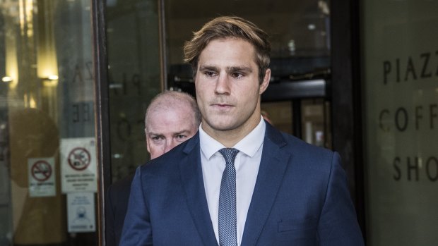 Jack de Belin leaves court after he was found not guilty of one charge.