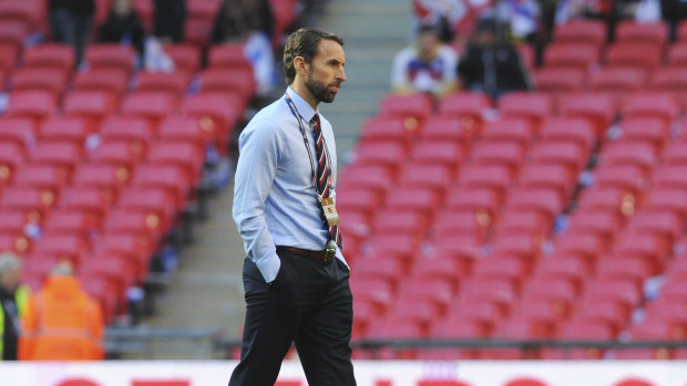 Gareth Southgate, seen here pre-match at Wembley, is thrilled with England's performance over the past year.