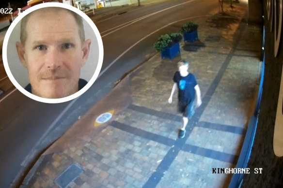 Michael Kerr (and in inset) walking along Kinghorne Street in Nowra in January 2022, a short time before he was fatally stabbed.