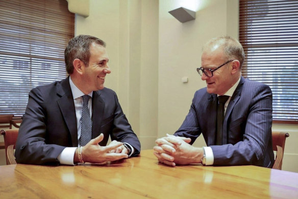 Federal Treasurer Jim Chalmers and Chris Barrett, the new chairman of the Productivity Commission.