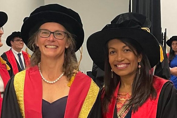 Royal Australasian College of Physicians (RACP) immediate past president Professor Jennifer Martin (left), with RACP suspended president-elect Dr Sharmila Chandran.