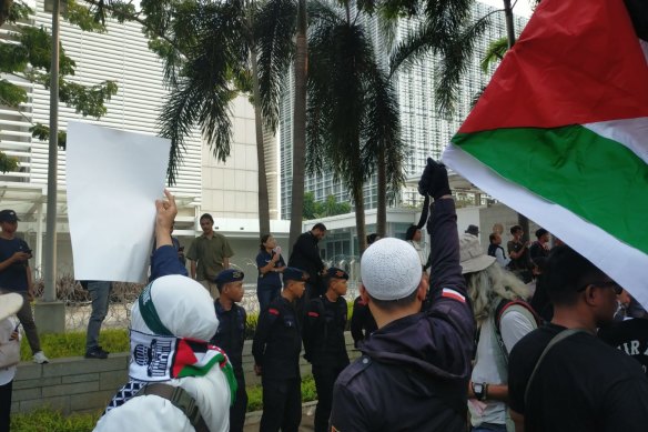 A pro-Palestinian protest outside the US embassy in Jakarta, Indonesia, on October 11, 2023. 