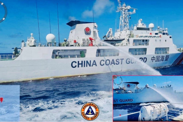 China Coast Guard allegedly uses a water cannon against the Philippine Coast Guard vessels, which were escorting a resupply mission for Philippine troops stationed at the Second Thomas Shoal in the South China Sea on August 5.