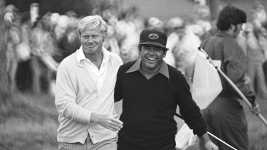 Jack Nicklaus walks off the 18th green with Lee Trevino at the first US Open at Pebble Beach in 1972.