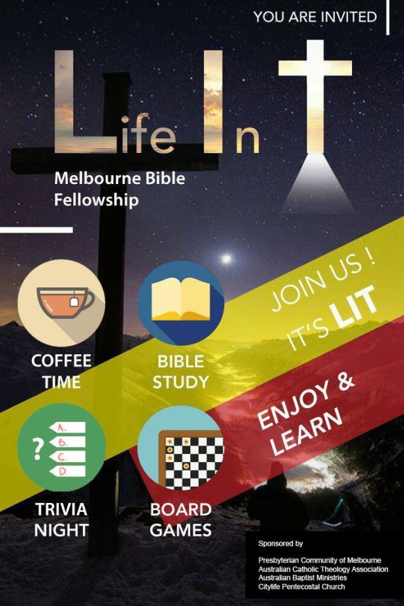 Melbourne church leaders noticed this poster being handed out by Shincheonji recruiters. 'Presbyterian Community of Melbourne' and 'CityLife Pentecostal Church' in the bottom right are not official groups.