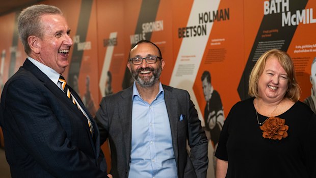 Three of the Wests Tigers four sacked independent board members: (from left), Barry O’Farrell, Charlie Viola and Michelle McDowell.