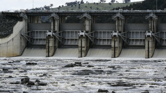 Water being released down the spillway at Wyangala Dam in 2016.
