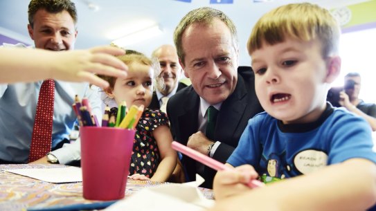 Federal Opposition leader Bill Shorten visited a Childcare centre in Ranwick to talk about Childcare .
Pic nick Moir 20 feb 2015