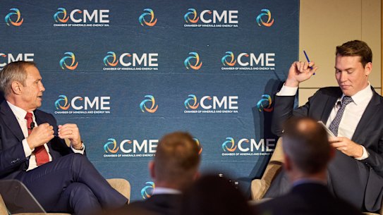 Premier Roger Cook and 9 News Perth’s Connor McGoverne at the Chamber of Minerals and Energy WA lunch.