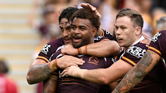 Ezra Mam scores in his comeback for the Brisbane Broncos against the St George-Illawarra Dragons.