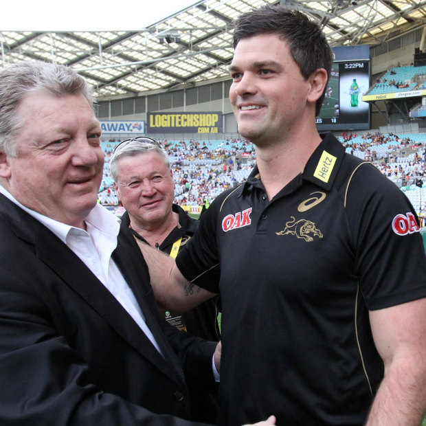 Phil Gould and Cameron Ciraldo after the Panthers won the under 20’s grand final in 2015.