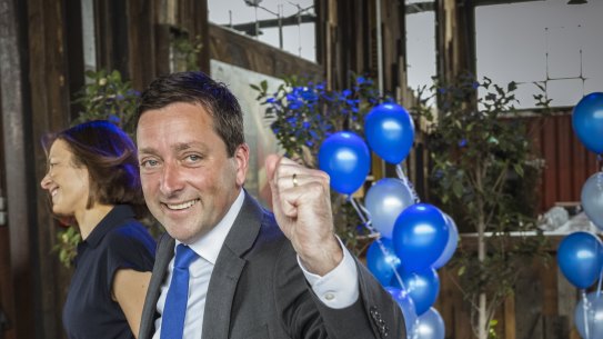Opposition leader Matthew Guy leaves the Liberal Party election campaign launch in Port Melbourne.