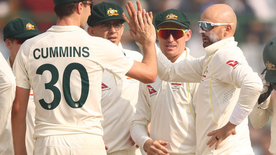 Nathan Lyon (right) after snaring the wicket of KL Rahul on day two.