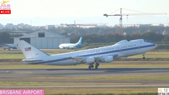 A screenshot of the Boeing E-4 “Doomsday Plane” departing Brisbane Airport on July 30, 2023.