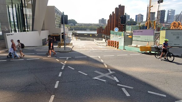 The Brisbane City Council’s detour written directions on its website on Thursday morning said “at the signalised Charlotte and Creek Street intersection, turn right to rejoin the City Reach Boardwalk”. This path to the Boardwalk, seen here in a Google Street View image from September 2024, has been closed due to construction. The written directions were updated on council’s website on Thursday afternoon, following questions from this masthead.