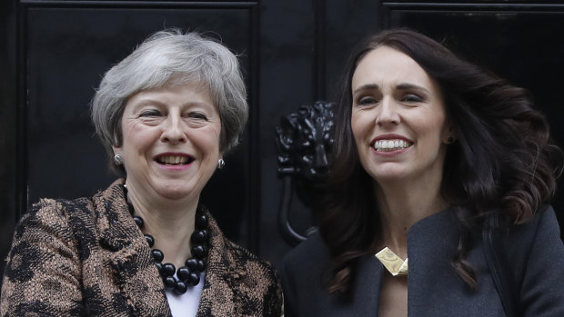 Britain's Prime Minister Theresa May, left, welcomes New Zealand's Prime Minister Jacinda Ardern to Downing Street.