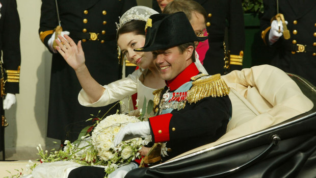 Mary Donaldson, Crown Princess of Denmark, and Crown Prince Frederik after their wedding at Copenhagen Cathedral, May 14, 2004.