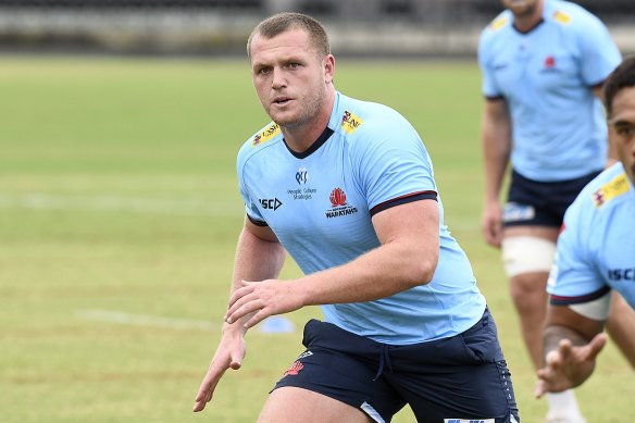 Waratahs and Wallabies prop Angus Bell goes about his business at training.