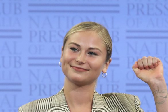 2021 Australian of the Year Grace Tame, pictured here at the National Press Club, has called for a national standard for consent.  