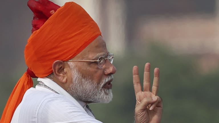 Indian Prime Minister Narendra Modi addresses to the nation on the country's Independence Day from the ramparts of the historical Red Fort in New Delhi, India, last month.