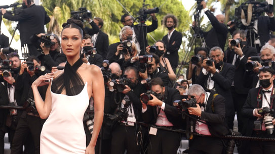 Model Bella Hadid arrives at the premiere of the film Annette.