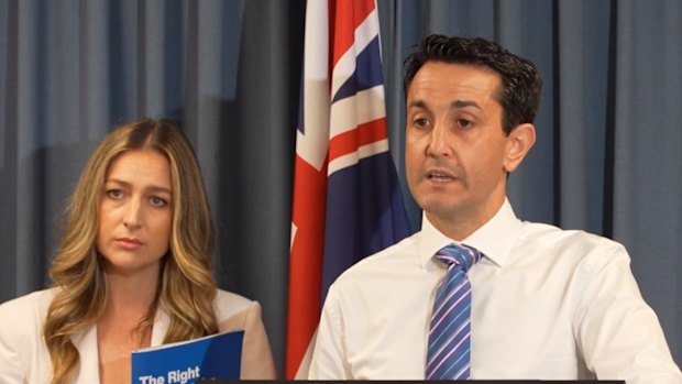 Laura Gerber and David Crisafulli speak to media as Opposition announces new shadow ministry
