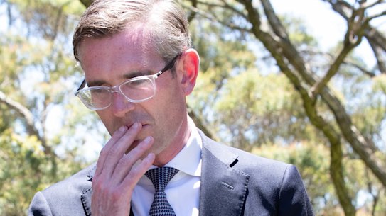 NSW Health Minister Brad Hazzard, Premier Dominic Perrottet and Chief Health Officer Dr Kerry Chant. 