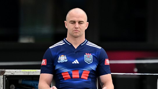 NSW fullback Dylan Edwards takes a minute to reflect at the captain’s run before Origin II.