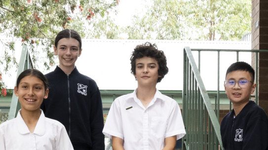 Killarney Heights Public School students Alicia Preston, Anais Sales, Hugo Prud’homme and Ralph Korompis. It has been 25 years since the school started its French bilingual program, and the suburb now has the largest population of French speakers in Australia.