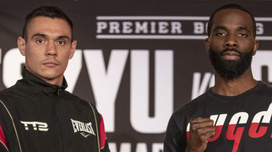 Australian Tim Tszyu faces off with American Terrell Gausha ahead of their fight at the Armory In Minneapolis. March 24, 2022.